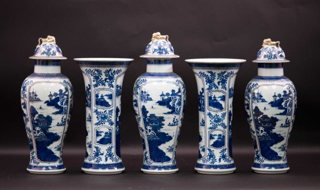 Set of 5 Blue-white Export Garniture: The jars are 13.5" tall and the vases are 10.5" tall. Good condition.
