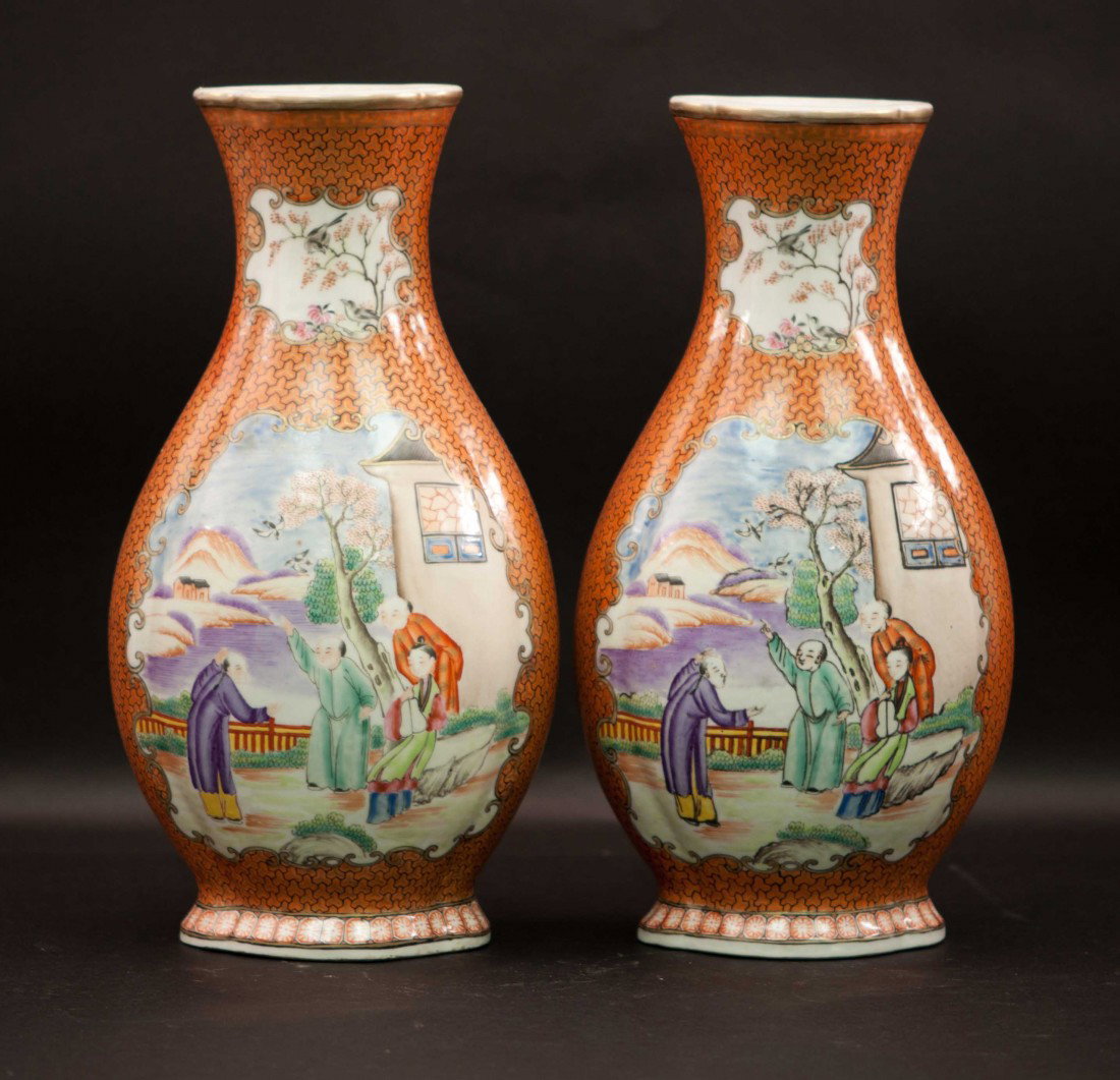Chinese Export Vases: They are painted in mandarin people in beautiful and romantic scenes. 12" tall. In very good condition.