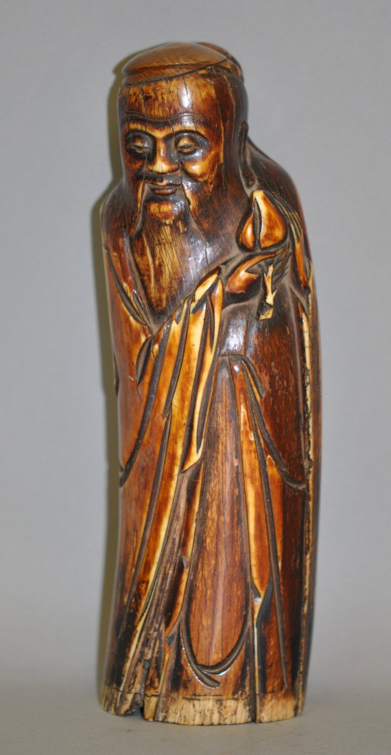 Chinese Ming Ivory Statue: Ming Dynasty. 明象牙壽老。Ivory: 7.5" tall and weighs 390 gs. A few old haircracks. Ivories can only be shipped in the US.
