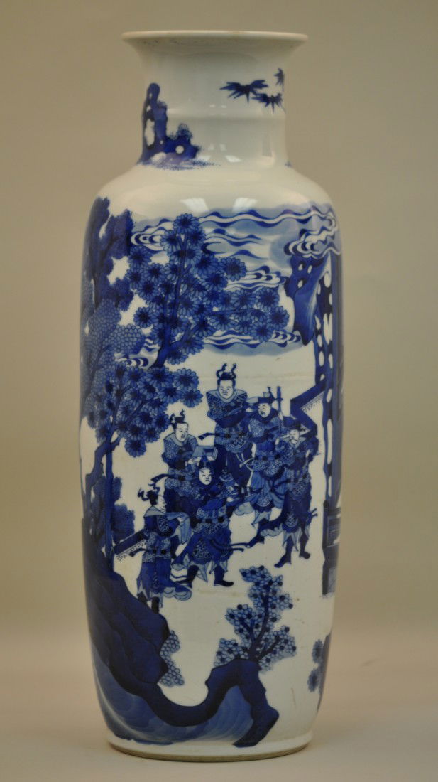 Chinese Blue-white Vase in Mandarin: loss of glaze 18" tall. Good condition except for the loss of the glaze on the edge of the top.