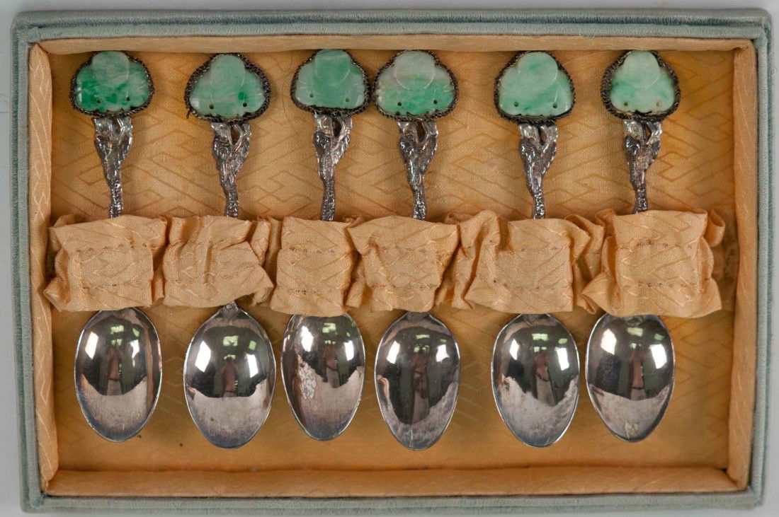 Chinese Set of 6 Jadeite-Buddha-handle Silver Spoon: Silver spoons are made from silver with Jadeite-Buddha-head. 純銀翡翠佛像頭小勺。Body: 3.5" long, Buddha head: 0.5" wide. Good condition.