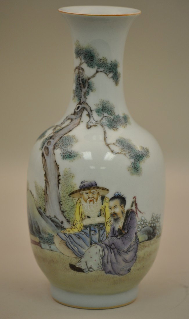 Chinese Republic-style Vase: Painted in two immortals resting under the trees. 民國人物小瓶。8.25" tall. Good condition.