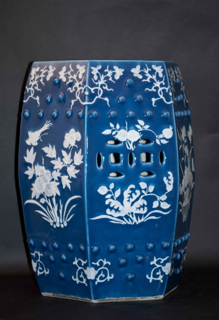 Chinese Blue-glazed White Flower Garden Stool: 18.25" tall. 19th. C. Very good condition.