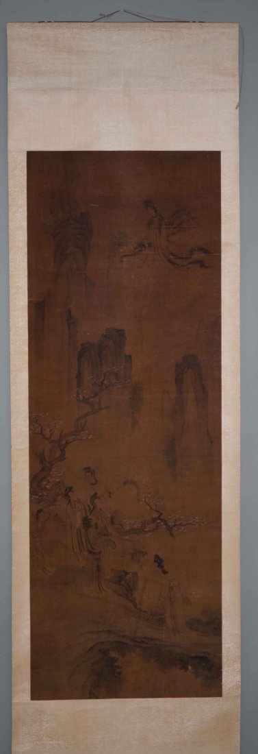 Chinese Old Scroll: The silk painting without the frame: 52"long, 18"wide. Good condition with old wears.