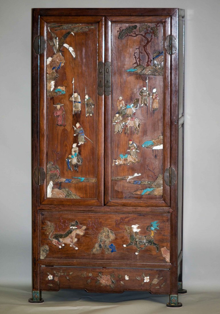 Chinese Large Rosewood Cabinets inset w/Semi-preci: Decorated with semi-precious stones. 63.75" h, 15" deep, 32" wide. No damages or missing any parts. 18th. C. or 19th. c.
