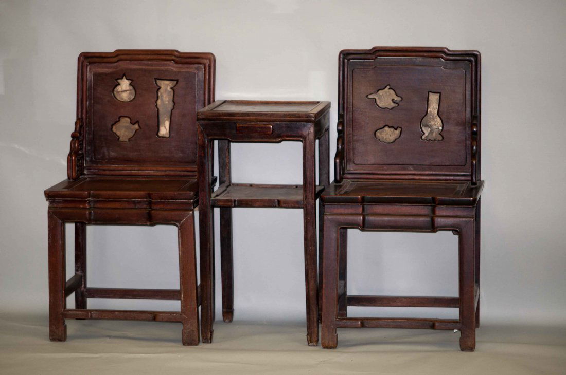 Chinese Set of Rosewood Tea Table and Chairs: Chair: 31.5" H, tea table: 30" H. Good condition, no missing any parts, with age wears. 19th. C.