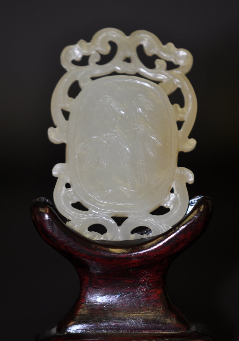 Chinese Yellow Jade Plaque in Bamboos and Mums: 19th. C. The stand is only for display, not in the sale. 2.4" (6cm), 1.6" (4cm) wide. Good condition.