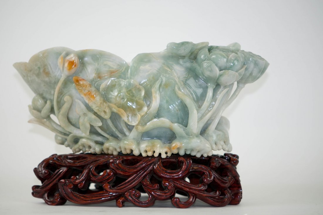 Chinese Large Jadeite Washer with Stand: 11.25" (28.5cm) long, 5.25" (13.5cm) tall and 6" (15.2cm) deep. Good condition.