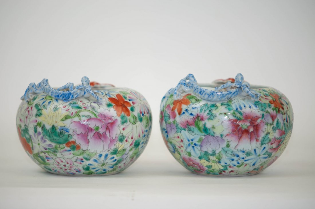 Chinese Pair Flower Washer in Dragon Relief: 滿花不落地粉彩水洗。5" (12cm) wide and 4" (10cm) tall. "China" mark. Good condition. 19th. C.