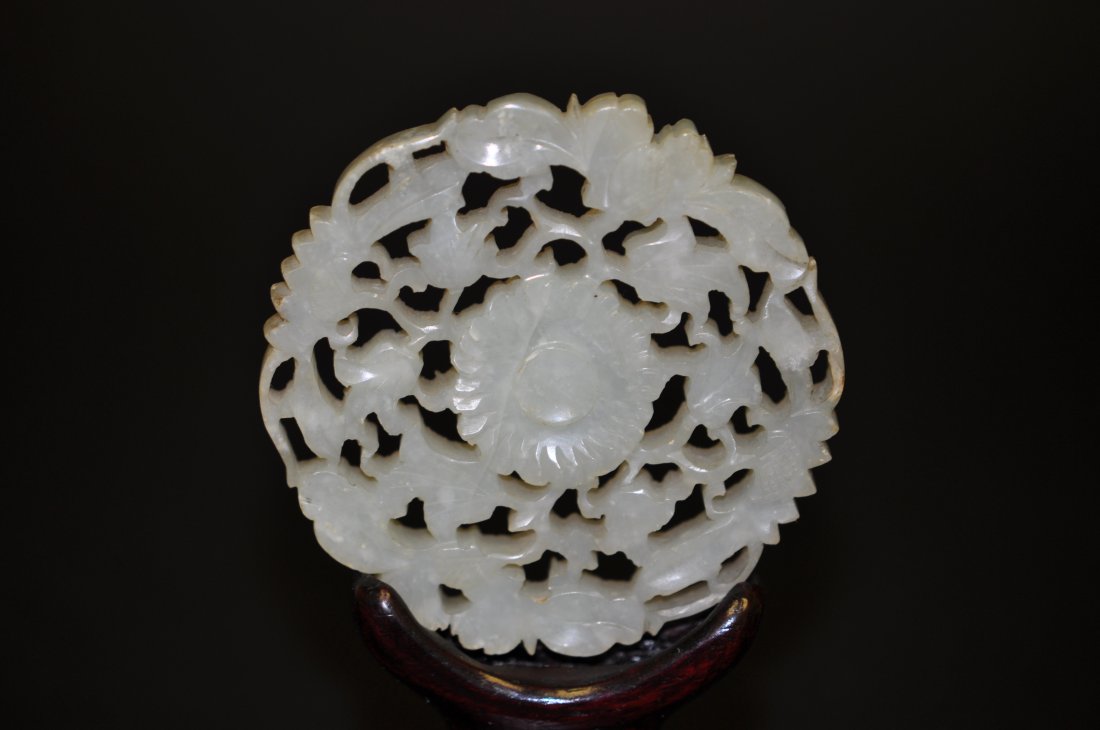 Chinese White Jade Flower Plaque: 2.5" (6.7cm) across. 19th. C. Good condition.