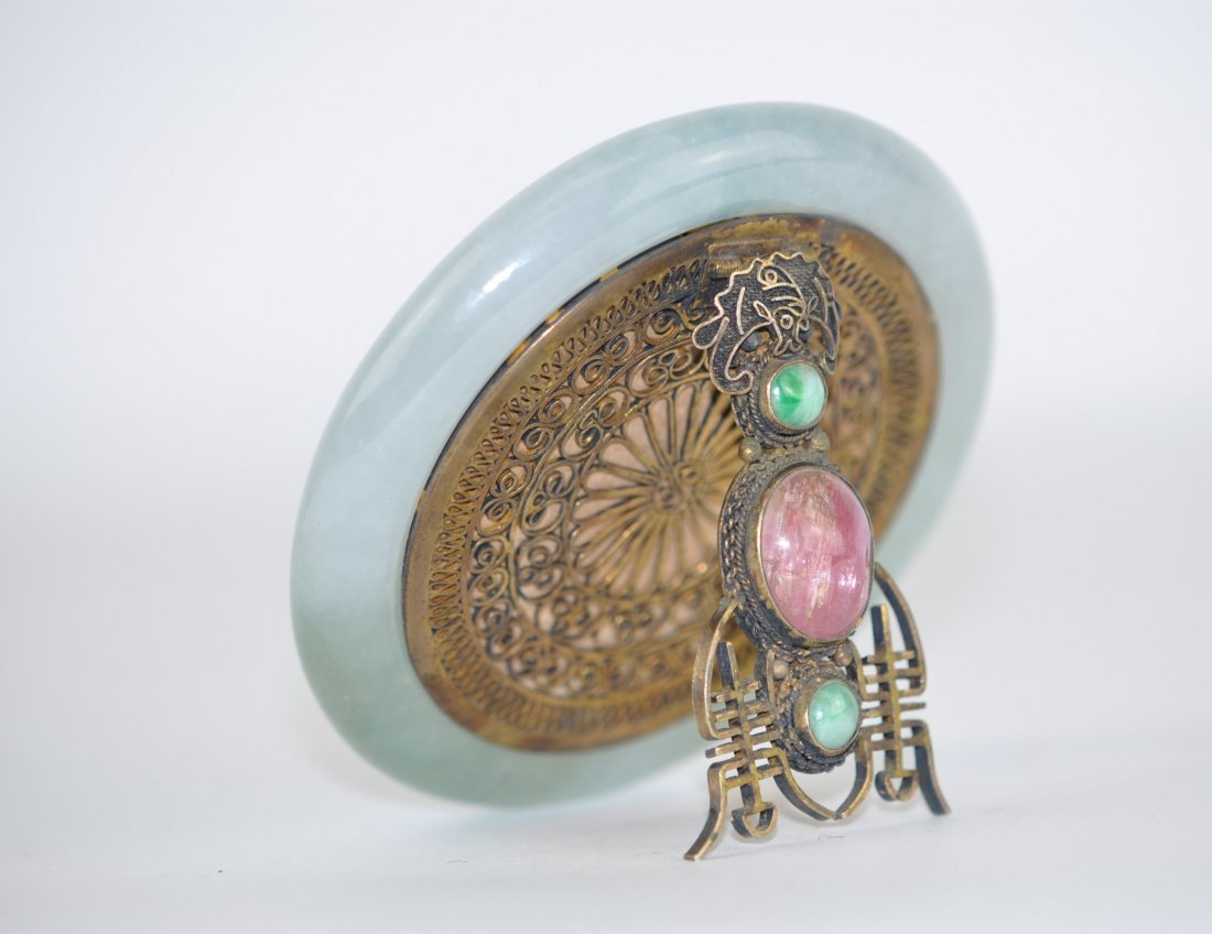 Chinese Jadeite Silver Mirror with Tourmaline Insets: 3.15" (8 cm) across. 19th. C. Good condition.
