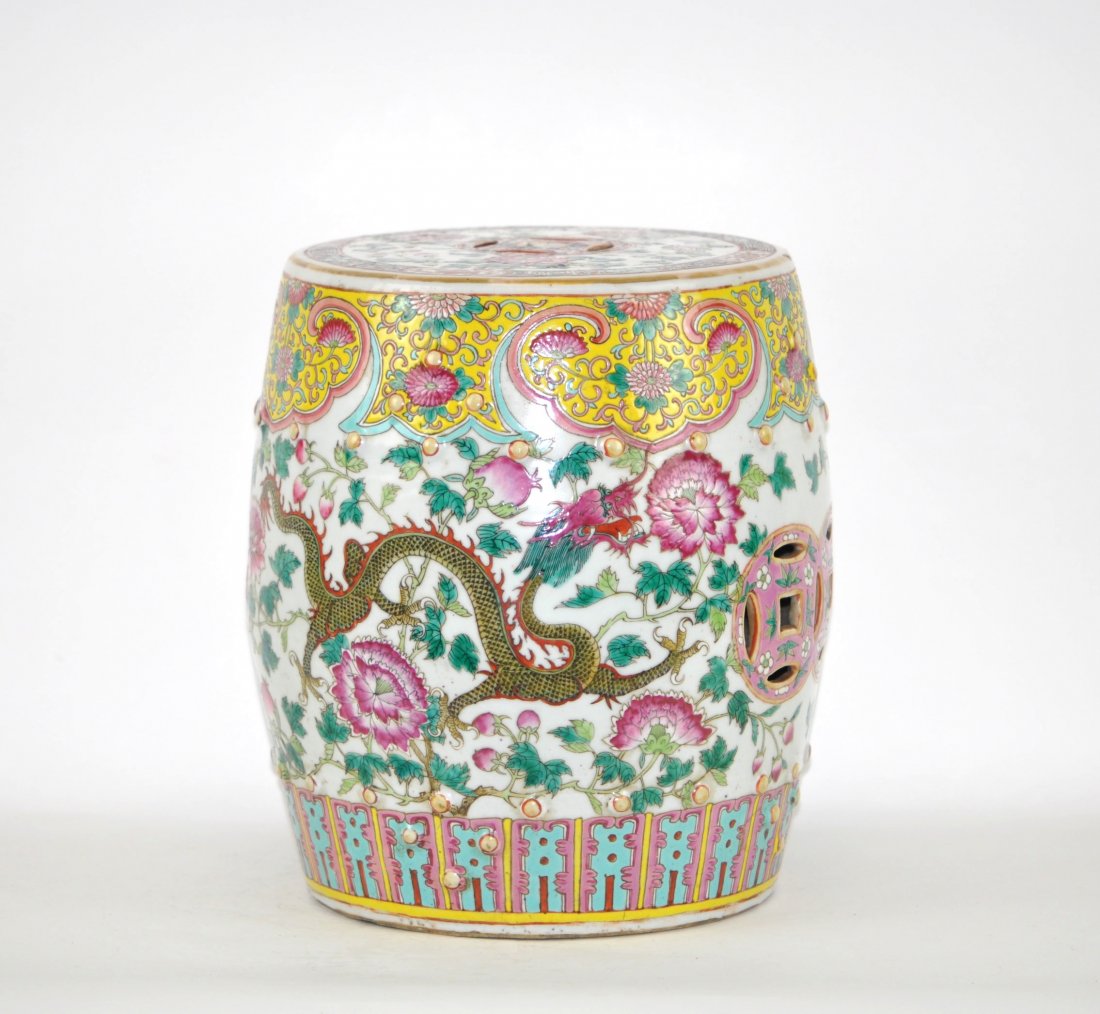 Chinese Famille Rose Garden Seat: 11.85" (30 cm) tall and 10.5" (27 cm) across. 19th. C. Good condition.