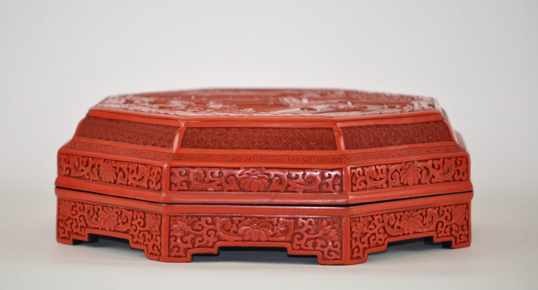 Chinese Octogonal Cinnabar Fruit Box: 12.15" (30.7 cm) across and 4" (10 cm) tall. Mid century. Good condition.