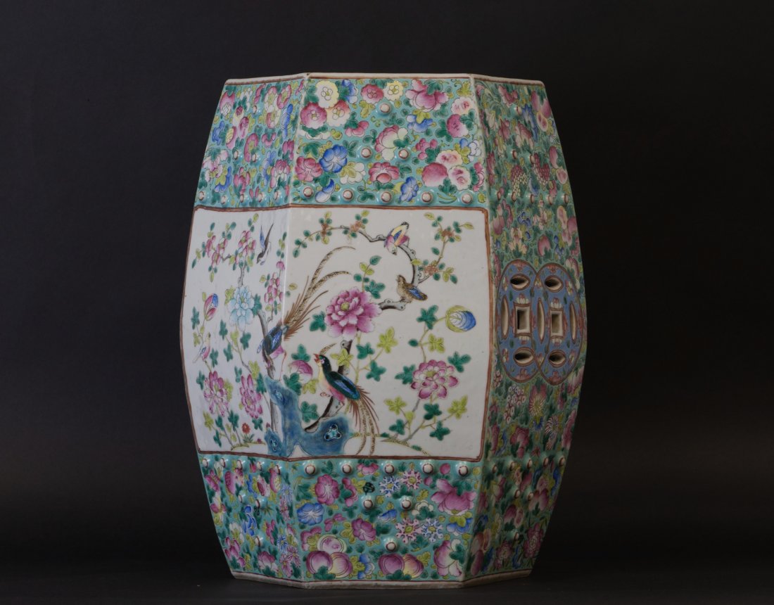 Chinese Famille Rose Hexagonal Garden Seat: 18.5" (47cm) tall. 19th. C.. Good condition.