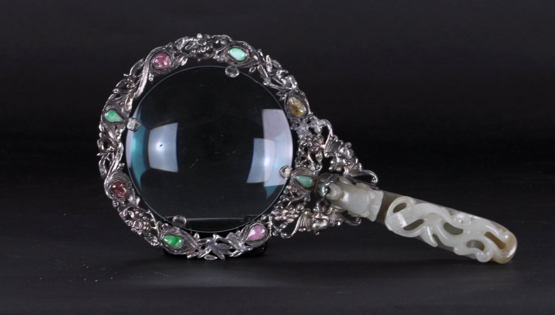 Chinese Silver Jade Handle Magnifier With Tourmalines: 7.65" (19.5 cm) long. Magnifier: 4" (10cm) across. Jade: 3.5" (9 cm) long. Weighs 6.3 ozs.19th. C.. Marked " Silver".