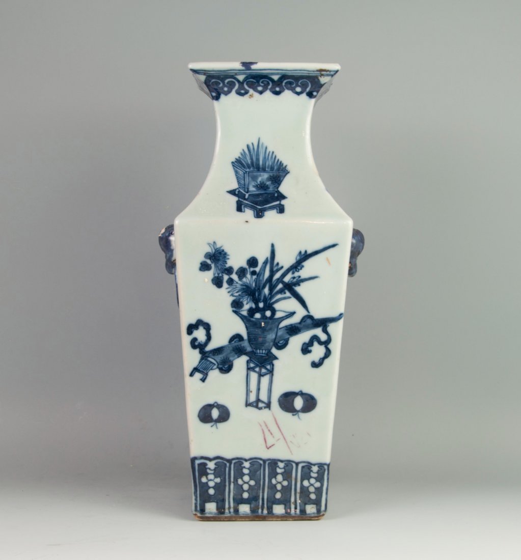 Chineses Celadon Blue-white Bo Gu Vase: Painted in Bo Gu Pattern. 19th. C.. Good condition with age wears. 15" (38cm) tall.