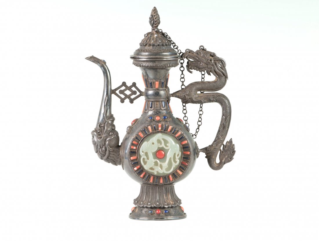 Chinese Silvered Tea Pot Inset with Two White Jades: The tea pot is silvered and inset with one white jade Bi on each side and with precious coral or lapis stones on the rim. No lab test for the silver, but the certificate certifies it's a silvered piec