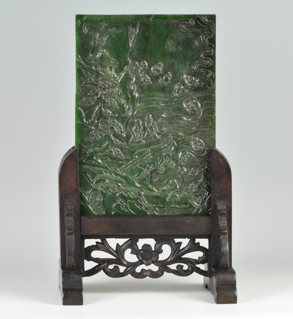 Chinese Spinach Jade Table Screen: Carved in mountains, waters and boats. 19th. C.. Good condition. 8.25" (21cm) tall and 6" (15.3cm) wide. Please note: we DO NOT use any softwares to change the jade color. 請注意A