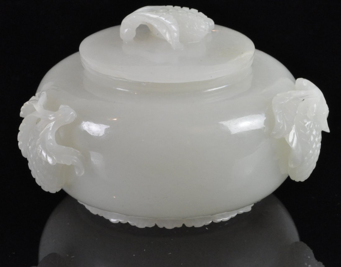 Chinese White Jade Lidded Washer: Carved in Chrysanthemum pattern. 白玉菊花底帶蓋水洗。19th. C. . Good condition. 3.25" (8.3cm) wide and 2" (5cm) tall. Please note: we DO NOT