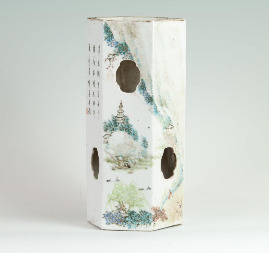 Chinese Hexagonal Hat Holder: 光緒淺絳名家喻春作六角帽筒。題識“亭在湖中立 舟行綠