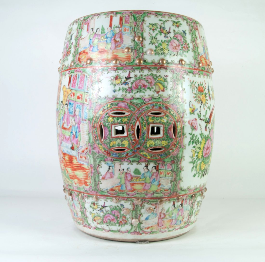 Chinese Large Canton Rose Garden Stool: 19th. C.. 18" (46cm) tall. Good condition.