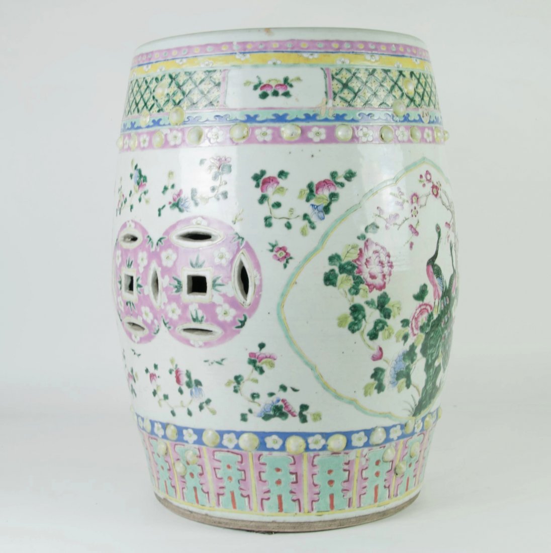 Chinese Famille Rose Garden Stool 18/19th. C.. Good: 19th. C.. 19" (49cm) tall. Good condition.