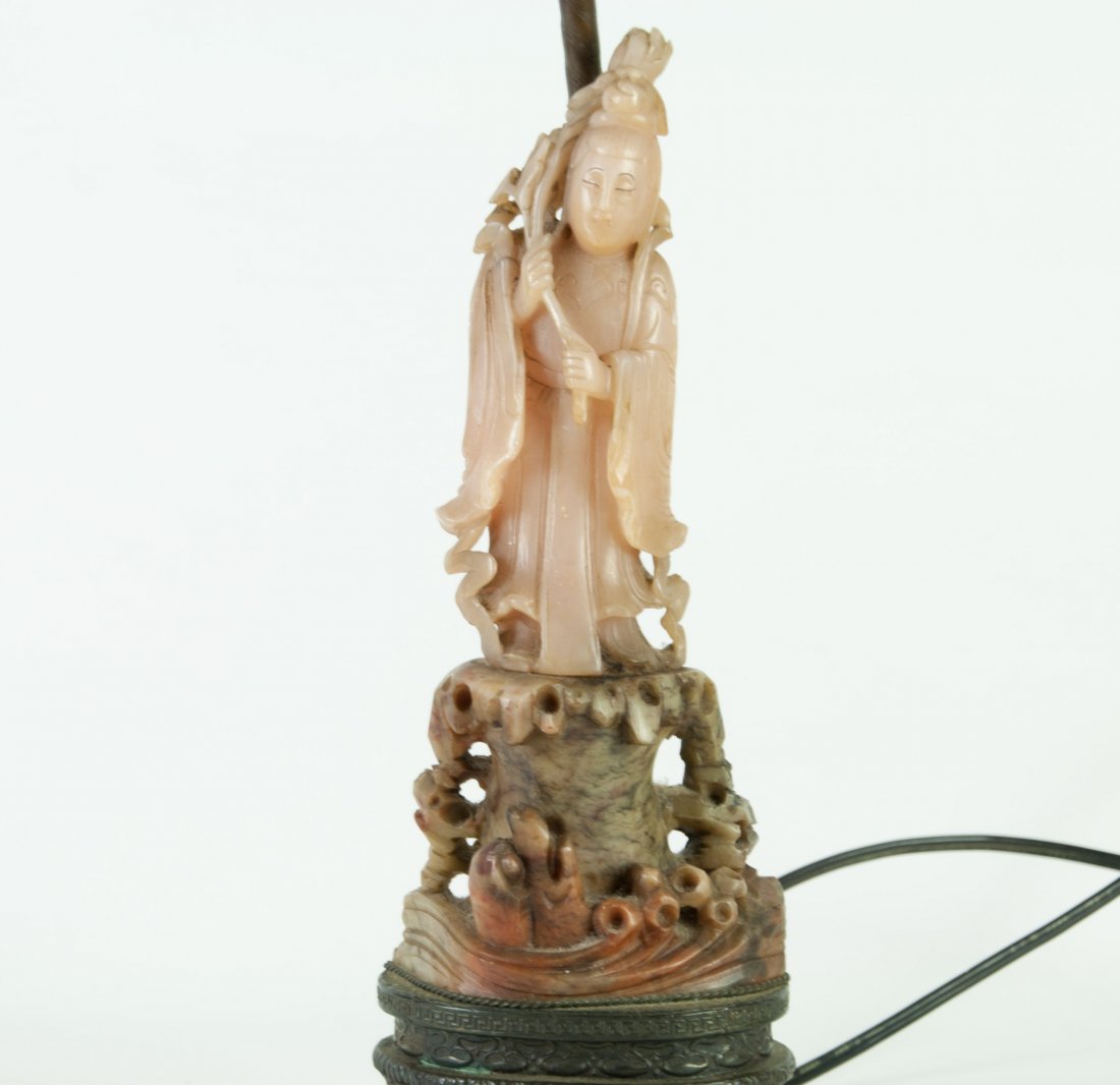 Chinese Soapstone Kwan Yin Lamp: Soapstone Kwan Yin: 9.5" (24cm) tall without the stand and hardware. 19th. C. . Good condition.