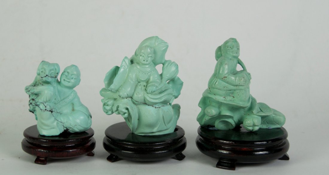 Chinese Set of Three Turquoise Stone Immortal Boys: 一套三只綠松石童子. 20th. C.. 3" (8cm), 2.75" (7cm) 2" (5cm) respectively. Good condition.