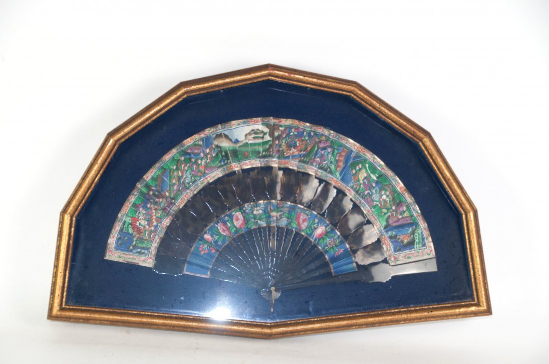 Chinese Framed Tortoise Shell Fan: 鏡框鑲嵌玳瑁扇. 19th. C.. 20" (51cm) wide. Good condition.