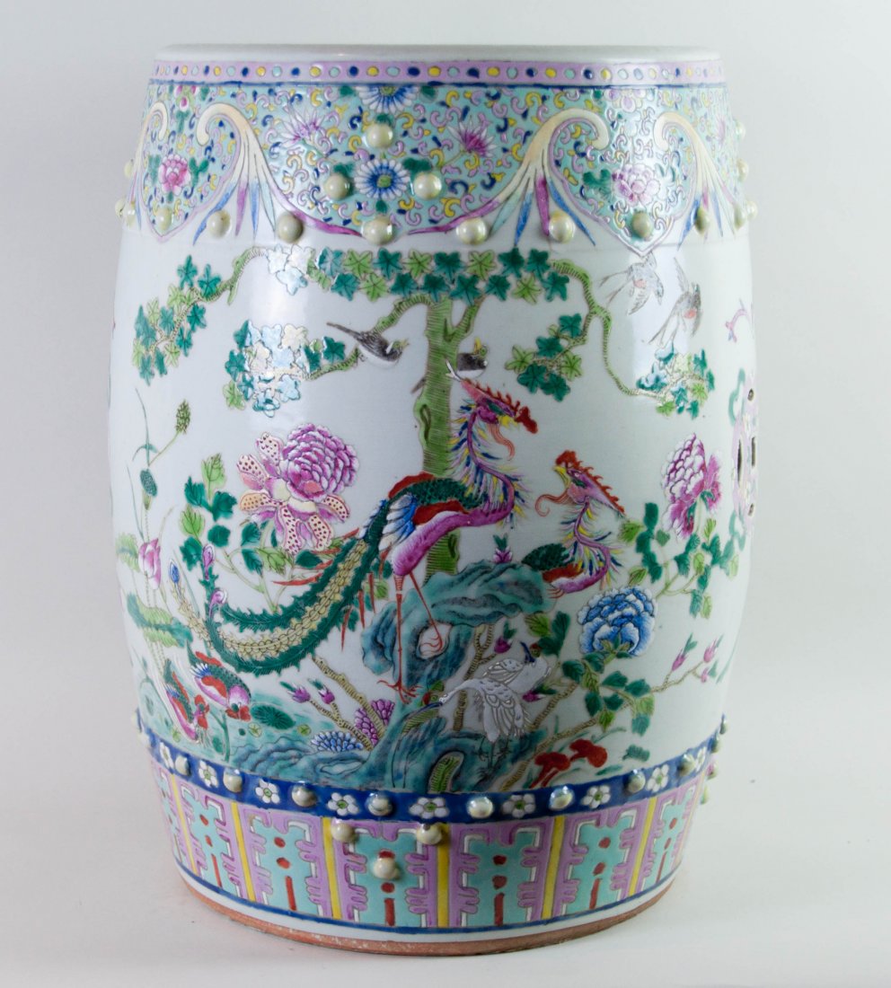 Chinese Famille Rose Garden Seat 3: Painted in pheasants, flowers and birds. 19th. C.. 18" (46cm) tall. Good condition.