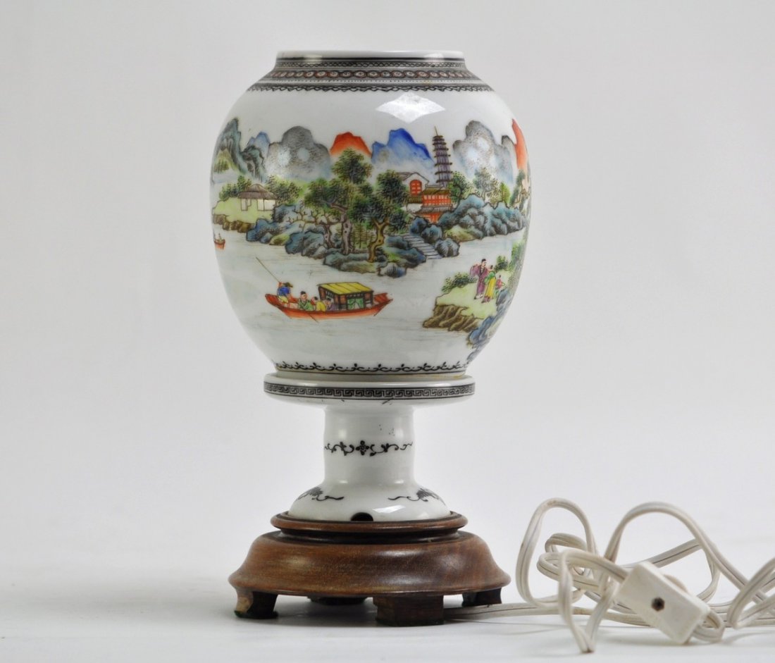 Chinese Famille Noire Vase Lamp: Painted in scenary of mountain, water and boating. 9" (23cm) tall with the stand, vase only: 7.75" (19.5cm) tall. Republic epriod. Good condition.