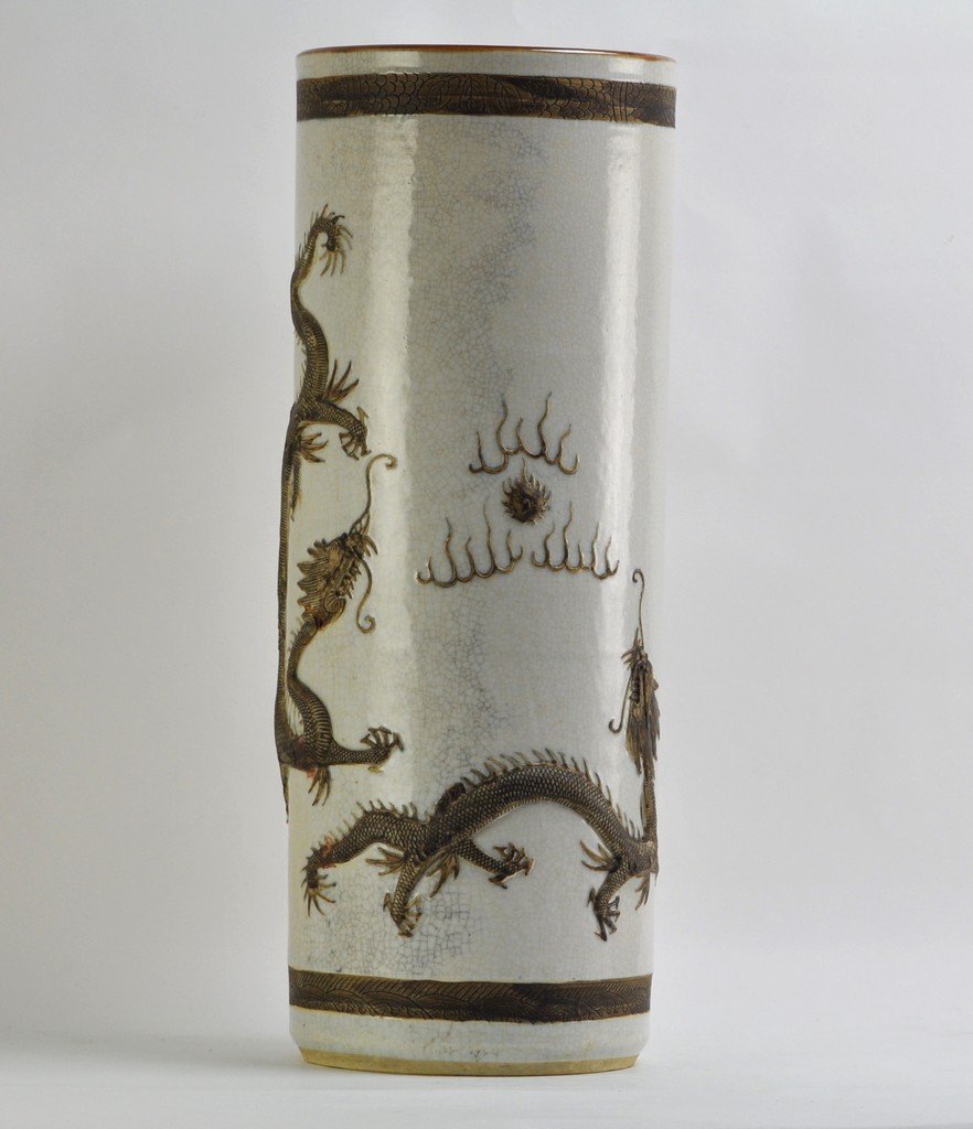Chinese Grey Cracked Umbrella Stand: Molded dragons go around the body. 24" (61cm) tall. Good condition no damages.