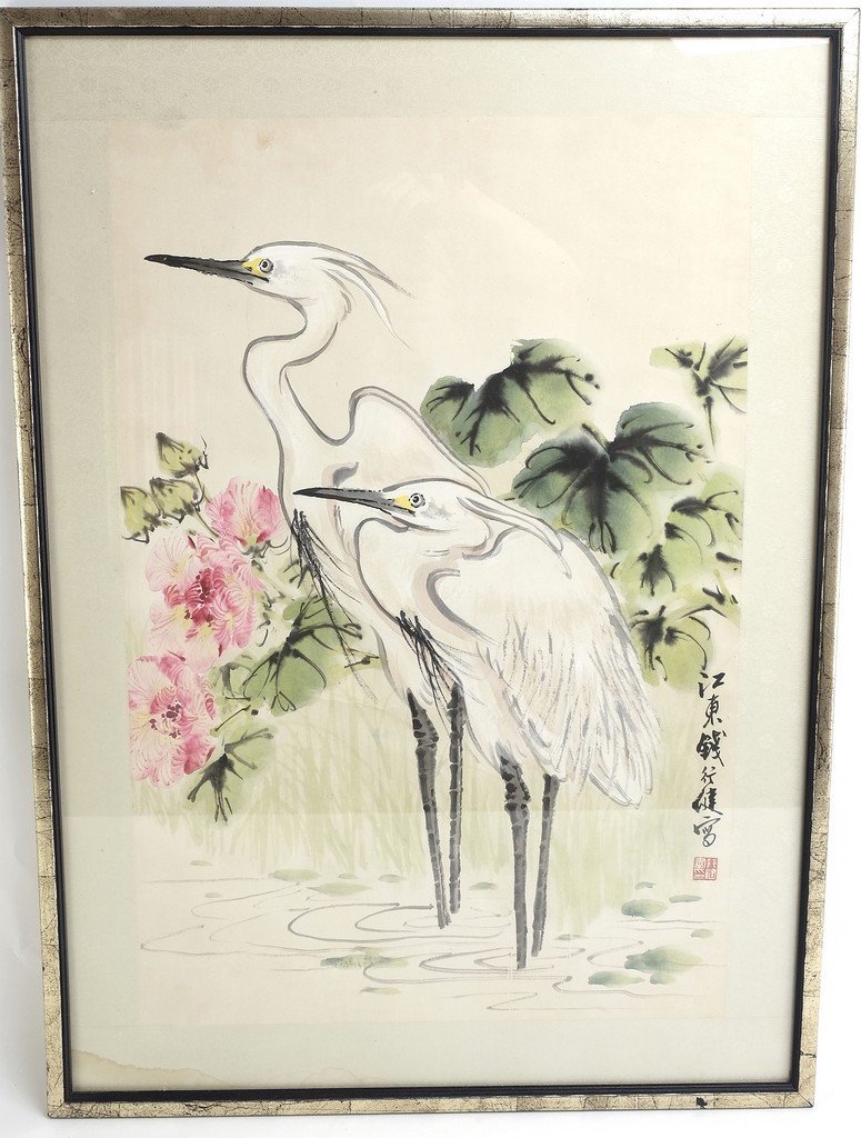 Chinese Framed Old Painting in Cranes (1 of 8)