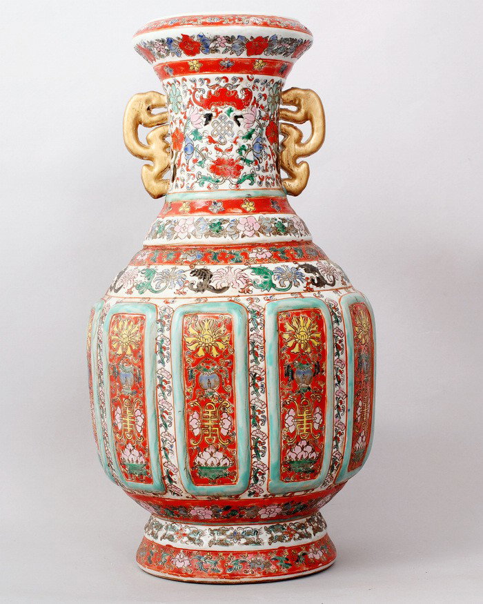 CHINESE FAMILLE ROSE PORCELAIN VASE: VERY FINE CLOISONNE VASE,WITH TWO DRAGON HANDLES, PAINTED WITH FLORAL PATTERNS,PEACHES,BATS AND CHINESE LUCKY SYMBOLS..17.5"H,8.5"W. THREE SEAL MARKS WITH CHINESE CHARACTERS AROUND FOR GREAT QIANLONG 