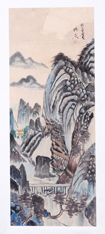 CHINESE SCROLL PAINTING BY LU,HUI: LU,HUI,LIVED IN QING DYNASTY.LONG WATERCOLOR PAINTING TO SCROLL DEPICTING A MOUNTAIN RIVERSIDE VILLAGE AND BRIDGE SCENE. SIGNED AND A SEAL MARK IN UR. 31.5"Hx12.5"W.)