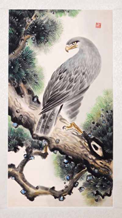 CHINESE SCROLL PAINTING BY SUN,ZHONGSHAN: SUN,ZHONGSHAN,1866-1925.LONG WATERCOLOR PAINTING TO SCROLL DEPICTING AN EAGLE SCENE. A SEAL MARK IN UR. 41"Hx21.5"W.)