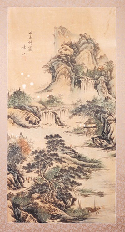 CHINESE SCROLL PAINTING BY YUAN,JIANG: YUAN,JIANG,1662-1735.LONG WATERCOLOR PAINTING TO SCROLL DEPICTING A MOUNTAIN RIVERSIDE HOUSE SCENE WITH TWO FIGURES. SIGNED AND A SEAL MARK IN UL. 49"Hx24.5"W.)
