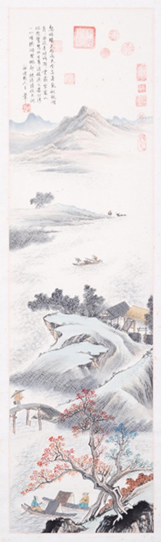 CHINESE SCROLL PAINTING BY WANG,PING : WANG,PING,LIVED IN QING DYNASTY. LONG WATERCOLOR PAINTING TO SCROLL DEPICTING A MOUNTAIN RIVERSIDE VILLAGE LIFE SCENE. SIGNED AND 12 SEAL MARKS IN U. 55.2"Hx15.5"W.)