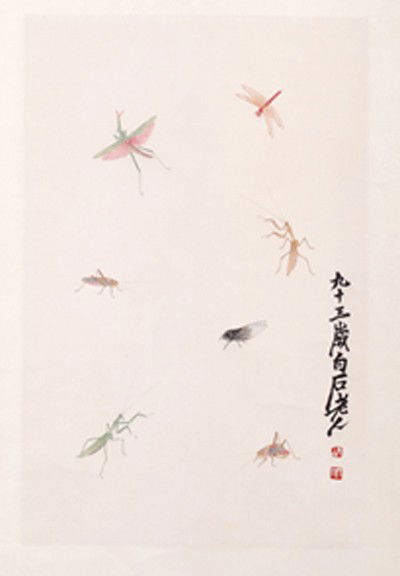 CHINESE SCROLL PAINTING BY QI,BAISHI: QI,BAISHI,1864-1957.THE WATERCOLOR PAINTING DEPICTING SEVEN DIFFERENT KINDS OF INSECTS. SIGNED AND TWO SEAL MARKS IN R. 27"Hx17.5"W.)