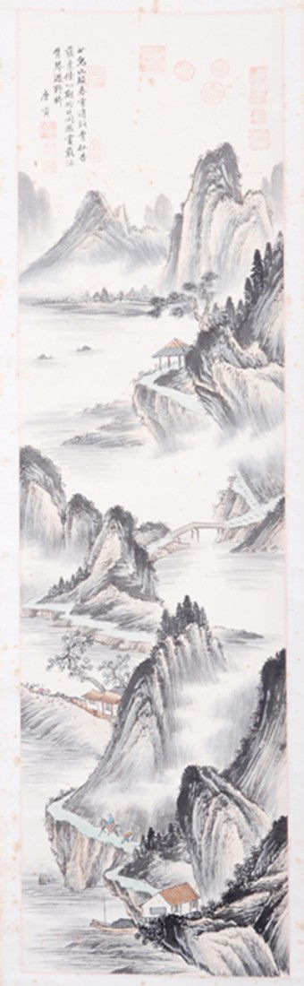 CHINESE SCROLL PAINTING BY TANG,YIN: TANG,YIN,1470-1523. LONG WATERCOLOR PAINTING TO SCROLL DEPICTING A MOUNTAIN RIVERSIDE BUILDINGS WITH TWO FIGURES. SIGNED AND 11 SEAL MARKS ON TOP. 55"Hx15.5"W.)