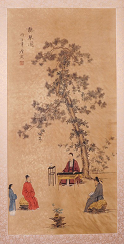 CHINESE SCROLL PAINTING BY TANG,YIN : TANG,YIN,1470-1523. LONG WATERCOLOR PAINTING TO SCROLL DEPICTING A MAN PLAYING MUSIC WHILE OTHERS ARE LISTENING. SIGNED AND A SEAL MARK IN UL. 47.5"Hx24.3"W.)