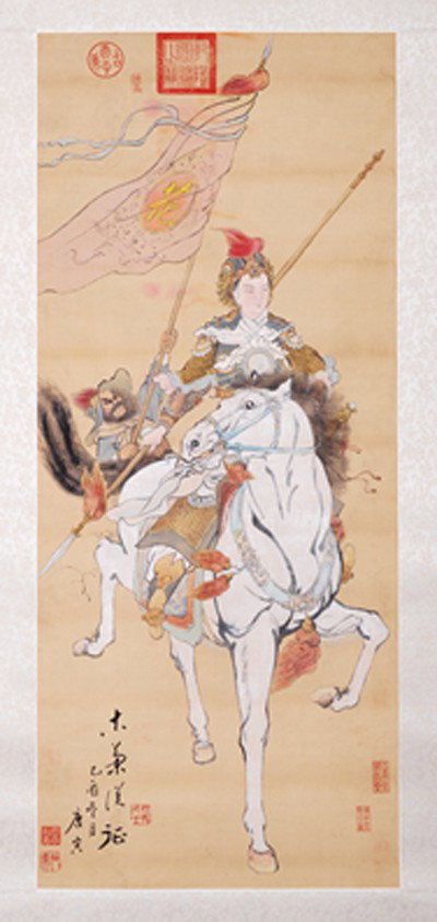 CHINESE SCROLL PAINTING BY TANG,YIN : TANG,YIN,1470-1523. LONG WATERCOLOR PAINTING TO SCROLL DEPICTING HUA MULAN JOINING THE ARMY IN PLACE OF HER FATHER. SIGNED AND THREE SEAL MARKS IN DL, THREE SEAL MARKS IN UL, TWO SEAL MARKS IN DR. 42"