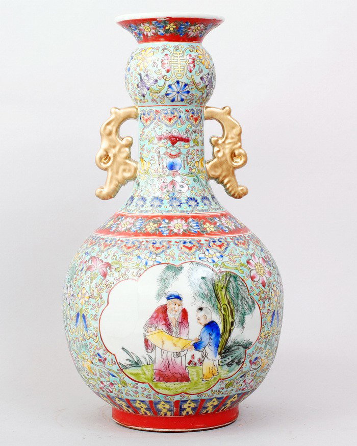 CHINESE FAMILLE ROSE PORCELAIN VASE: VASE WITH TWO GOLD HANDLES, LIGHT GREEN BASE,FLORAL AND BATS AS RAISED DESCRIPTION. PICTURES WITH TWO FIGURES UNDER THE TREE IN FRONT & BACK. SEAL MARK FOR GREAT QIANLONG PRODUCTION IN UNDERGLAZE BLUE