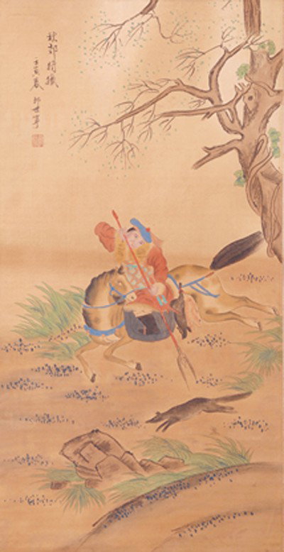 CHINESE SCROLL PAINTING BY LANG,SHINING: LANG,SHINING,1688-1766.LONG WATERCOLOR PAINTING TO SCROLL DEPICTING ONE MAN RIDING AND HUNTING IN AUTUMN. SIGNED AND A SEAL MARK IN UL. 36"Hx18.5"W.)