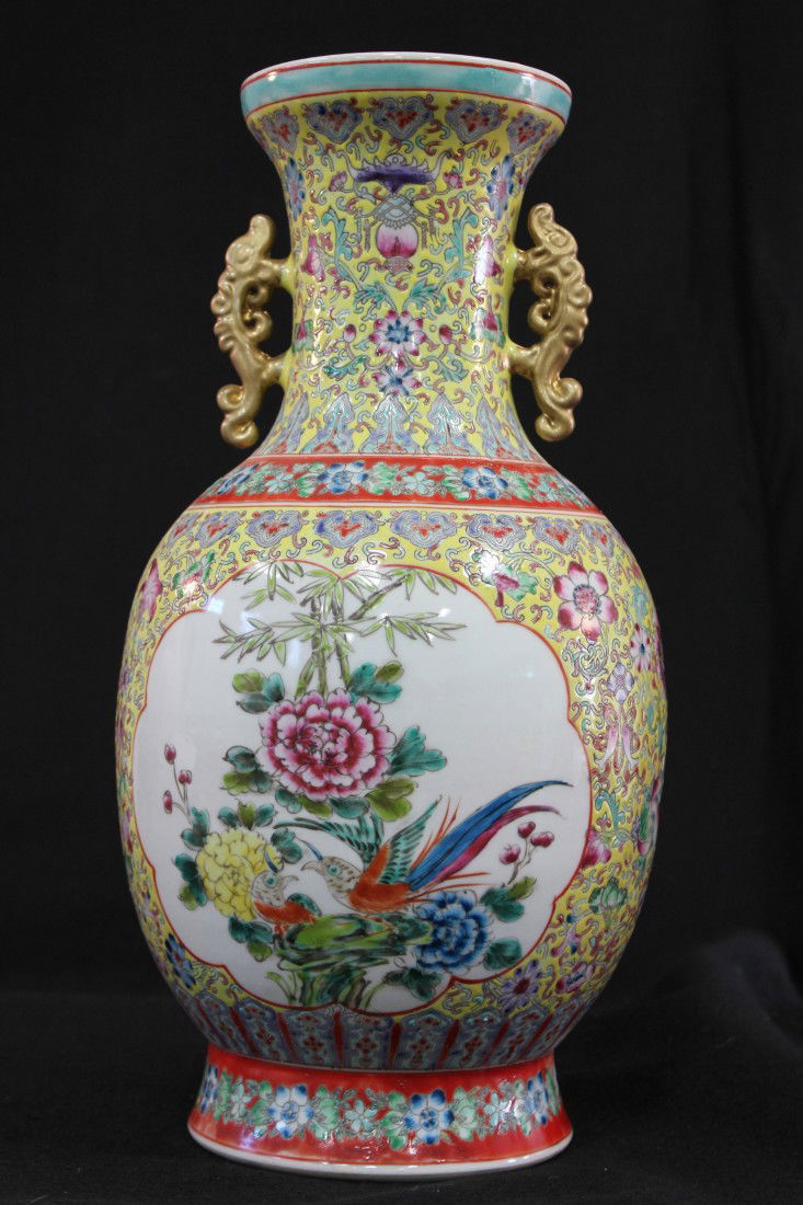 CHINESE PORCELAIN VASE: CHINESE,PORCELAIN VASE WITH FLORAL DECORATION ON YELLOW BACK GROUND EXCEPT IN THE MIDDLE, MIDDLE IT PAINTED WITH COLORFUL BIRDS AND FLOWERS ON THE BRANCHES ON WHITE BACKGROUND,MARKED FOUR CHARECTERS O
