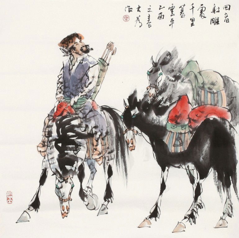 VERY FINE CHINESE SCROLLING PAINT: Liu Dawei LOOKING BACK mounted?ink and color on paper inscribed and singed?with two seals of the artist,A PART OF COLLECTION FROM MR.WANG, VICE- CHAIRMAN OF SOUTH EAST ART CLUB,PRICE RESERVED. 26 3/4�