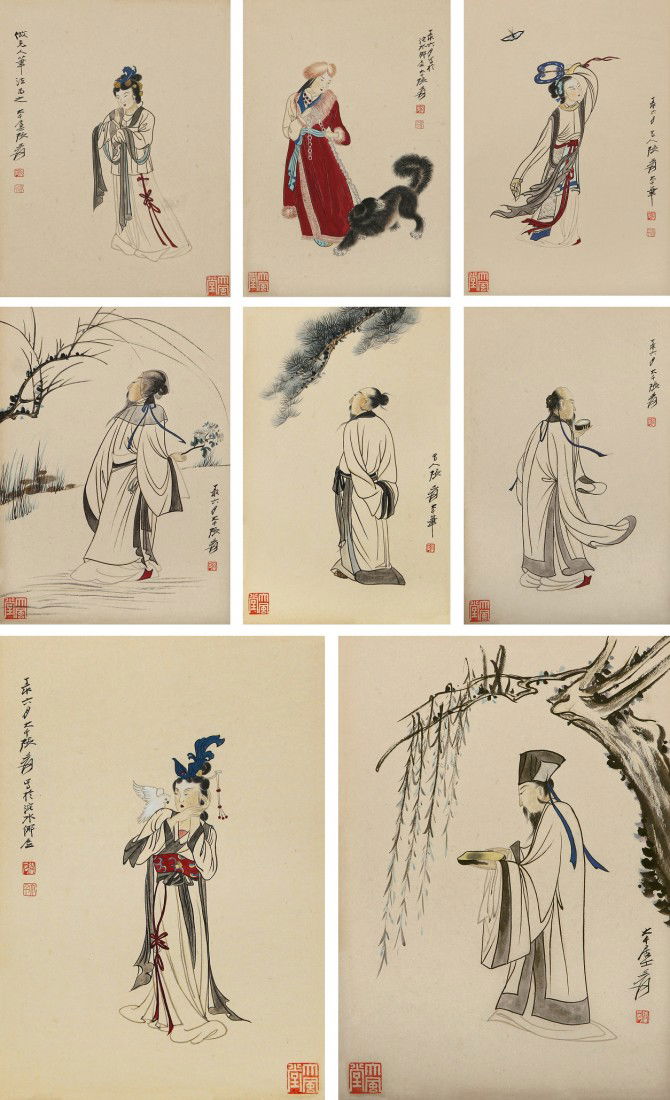 Very fine Chinese painting: The albums of eight leaves described eight different figures by Zhang Daqian(1899-1983), dated in July ding hai year(1947) Inscribed and signed with three seals of the artist ,a part of private collec