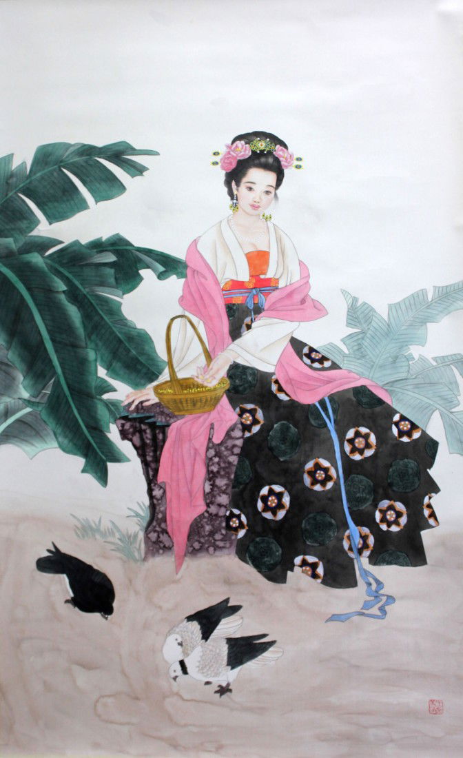 A very fine Chinese scroll painting: Attributed to Wang Mei Fang ink and color on the silk depicting a beautiful lady sitting on the bench and watching the birds,inscribed and signed with one seal mark, 43"Hx27"W.