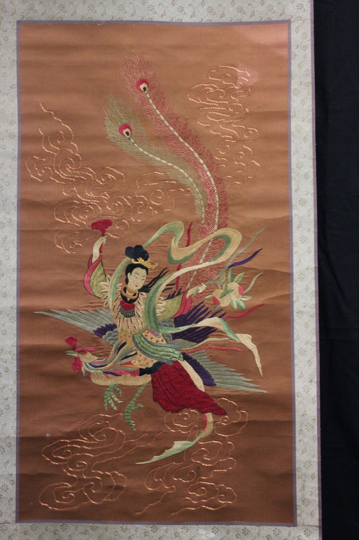 A very fine Chinese scroll painting: Attributed to Fei,Tian embroided on the silk depicting a mystery beautiful lady on pheonix, 31H"x17W"