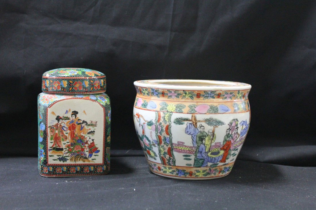 Chinese porcelain vessel and a jar with the lid: Porcelain vessel depicting Chinese people having some activity,porcelain jar with the lid depicting some people in the garden eith floral design on the background, Largest.H.5",Dia.6".